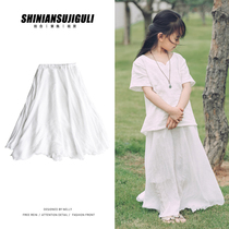 Cotton and hemp summer Childrens clothing Girls skirt Long dress Candy color solid color pleated long dress