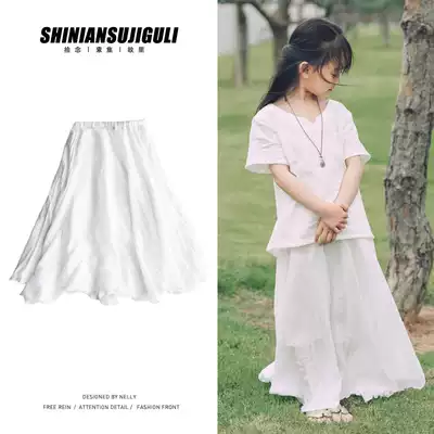 Cotton and linen summer children's clothing girls skirt long skirt Candy color solid color pleated long skirt