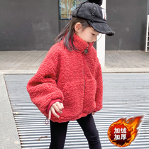 Girls winter plush jacket new cashmere top plus velvet thickened Chinese Red New Year wear North