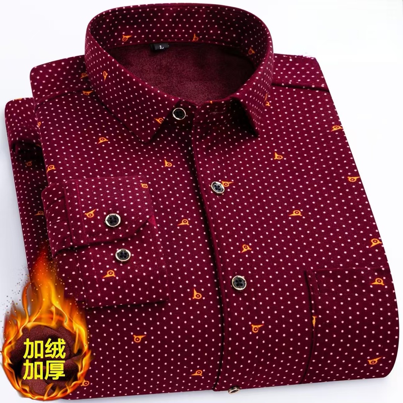 [No Pilling, No Fading] Winter Men's Fleece-Lined Thick Warm Shirt with Print for Middle-Aged and Elderly Men