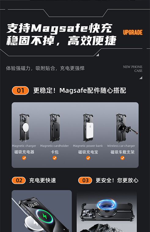 Oatsbasf Metal Rimless Borderless Frame Airbag 4 Corner Shock Absorbing Aluminum Metal Magnetic MagSafe Kickstand ARC High