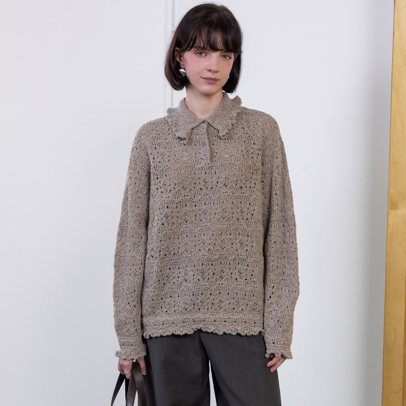 Loose Knit Sweater for Women, 2026 New Autumn and Winter Hollow Pullover with a Turn-Down Collar, Wool Korean Style Lazy Sweater Loose Knit Sweater for Women, 2026 New Autumn and Winter Hollow Pullover with a Turn-Down Collar, Wool Korean Style Lazy Sweater