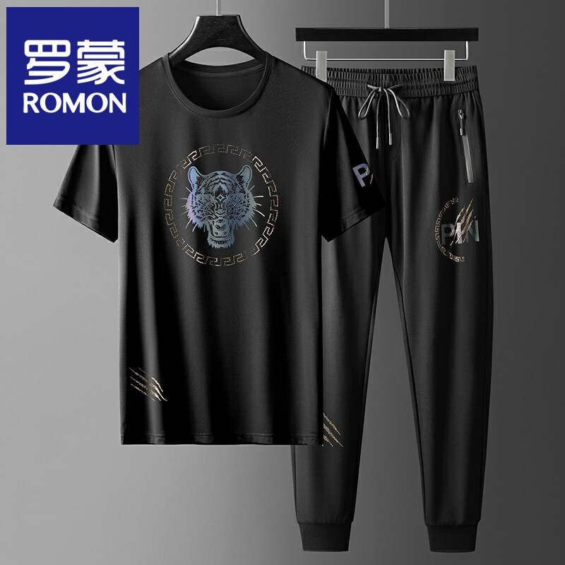 High-end Casual Sports Suit Men's Summer Slim Fashion Tiger Head Bronzed Light Luxury Men Short Sleeve T-shirt Two Sets