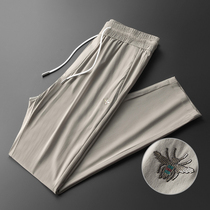 High-end ice silk straight casual pants mens summer thin breathable Joker silk embroidery non-iron mens sports trousers