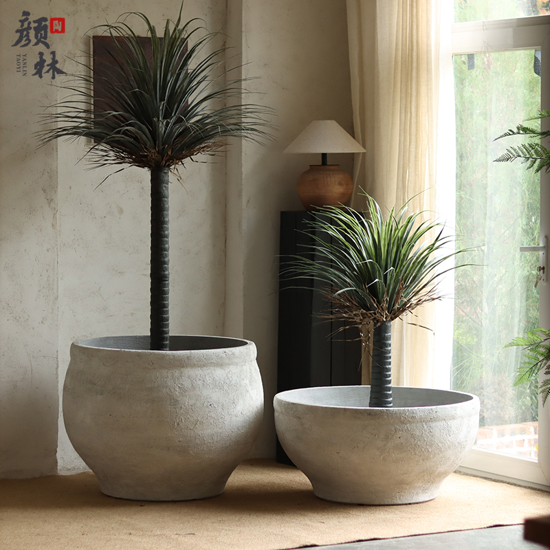 Retro White Cement Large Flower Bowl Nordic Brief Large Flower Pot Hotel Villa Garden Forest Landscape Green Planting Basin Magnesium Clay Flower Pot-Taobao