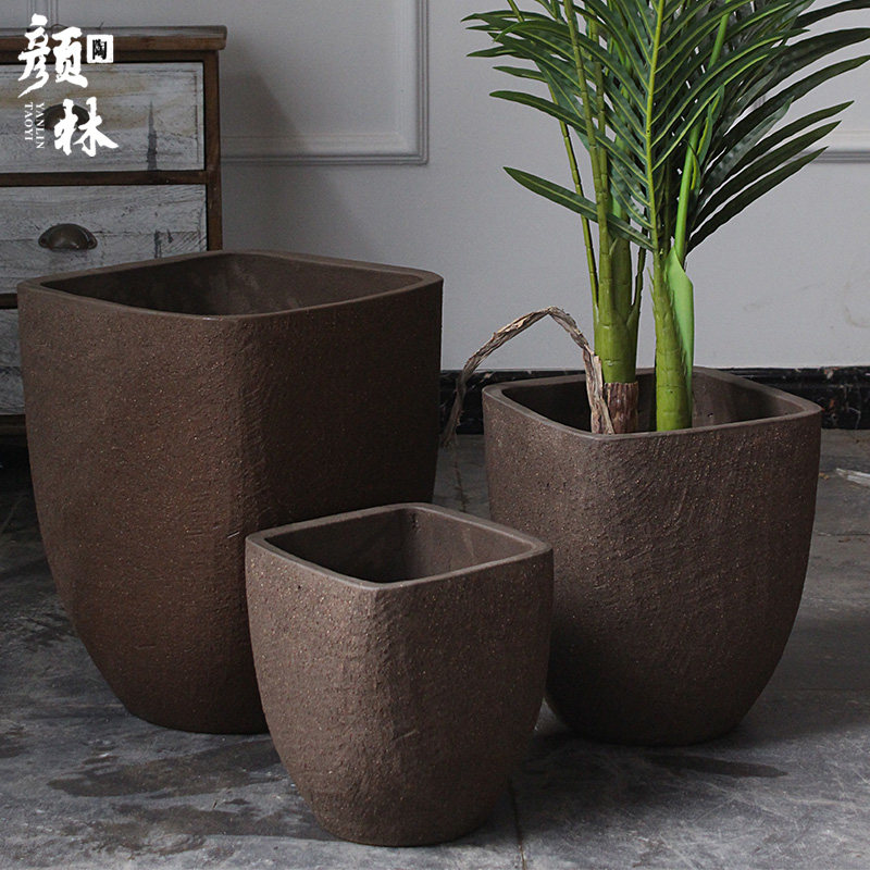 Square mouth round bottom flower pot rough pottery pot coarse sand pot Nordic flower pot simple purple sand breathable flower pot medium green plant pot