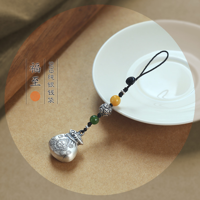 Original 999 pure silver money bag Merchants cute phone Pendant Accessories Key Chain Key Button Creative Birthday Holiday Gift