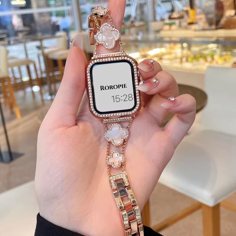 Suitable for S11 Watch Strap Apple Iwatch10 Watch Metal Four-Leaf Clover Fine Glitter 789 High-End Women's Se Bracelet