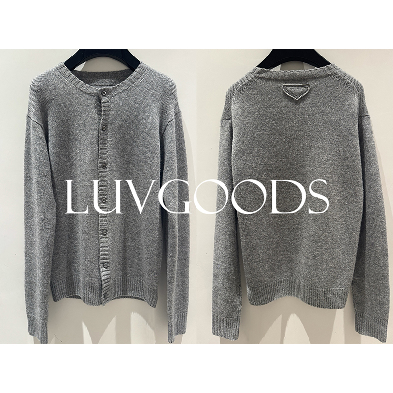 Special Prad@ Gray Triangle Logo Wool Cashmere Single-Breasted Versatile Knitted Cardigan Jacket for Spring and Autumn Luvgoods