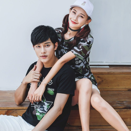 Парная одежда для влюбленных, летняя одежда, камуфляжная футболка с коротким рукавом для школьников, 2019, в корейском стиле, свободный крой