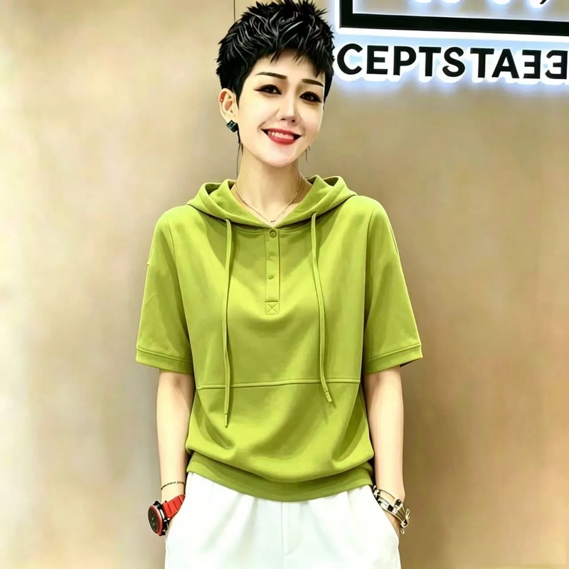 Solid Color Pure Cotton Korean Style Hooded Short-Sleeve T-Shirt for Women, Loose Fit, Slimming, Patchwork, Age-Reducing, Thin, Versatile, Fashionable Top Solid Color Pure Cotton Korean Style Hooded Short-Sleeve T-Shirt for Women, Loose Fit, Slimming, Patchwork, Age-Reducing, Thin, Versatile, Fashionable Top