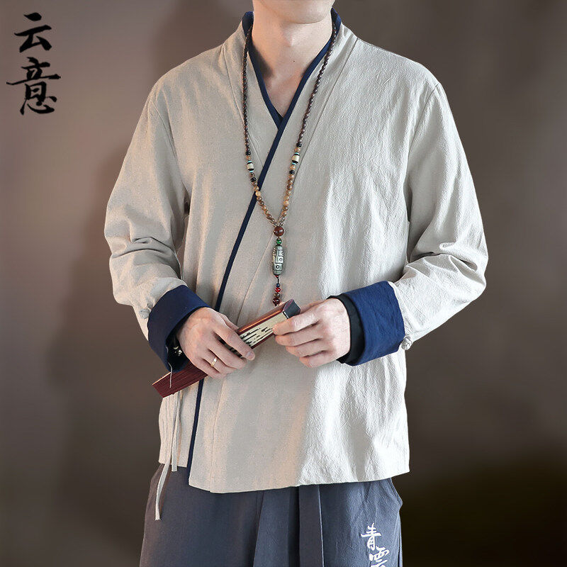 Spring-Style Oblique-Collar Hanfu for Men, Chinese-Style Pure Cotton Tang Suit, Kung Fu Shirt, Ancient-Style Robe, Zen-Inspired Layman's Clothing, Tea Clothing