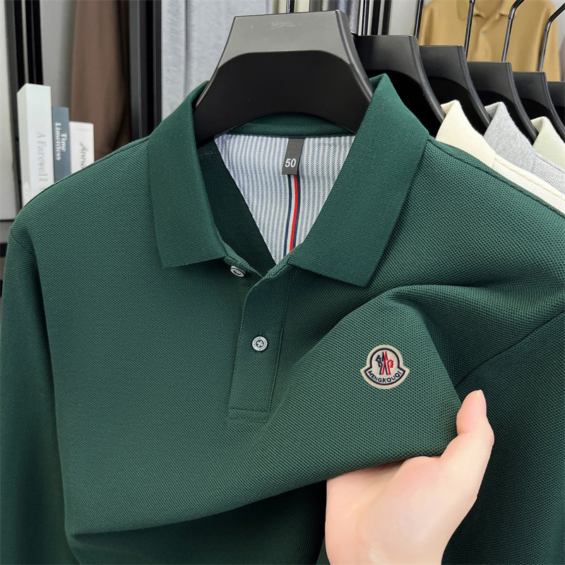 Outlet Clearance Genuine Moncler Men's Polo Shirt with Long Sleeves, Green Business Casual Pure Cotton Top