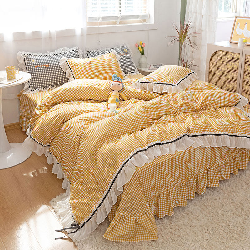 Spring and summer pure cotton plaid four-piece set solid color bed sheet simple bed princess wind quilt cover 1 8m bed set