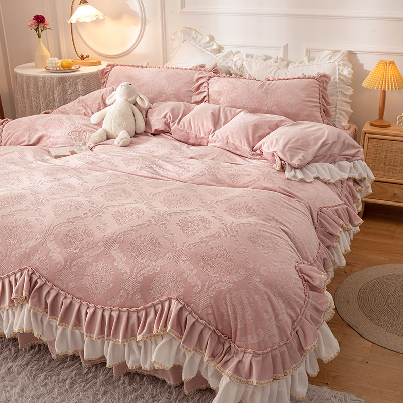 Winter gushed coral suede beds 4 sets Thickened Quilt Cover Flannel Flannel Crystal Suede Bed Skirt Princess Wind