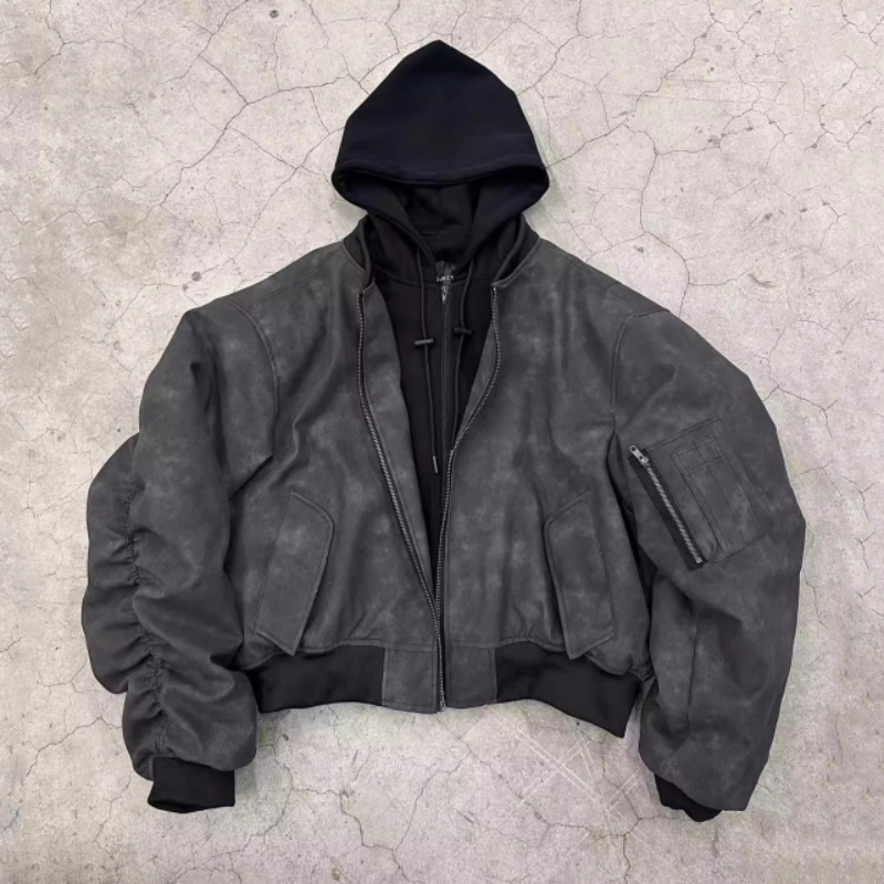 Bomber Spring and Autumn Jacket for Men, Short Wide Faux Two-Piece Pu Leather Jacket with Hood, Ma1 Flight Baseball Jacket, Cleanfit Bomber Spring and Autumn Jacket for Men, Short Wide Faux Two-Piece Pu Leather Jacket with Hood, Ma1 Flight Baseball Jacket, Cleanfit
