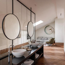 Hanging rod round mirror upper and lower rod wall-mounted mirror hotel B&B ceiling foot bath retro bathroom mirror toilet mirror