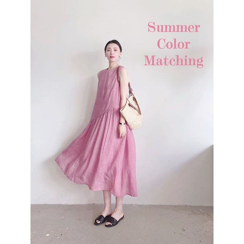 Li Cc·2026 Ramie Pink Dress, Tencel Flared Dress, Designer Sleeveless Slimming Long Dress for Women, Summer