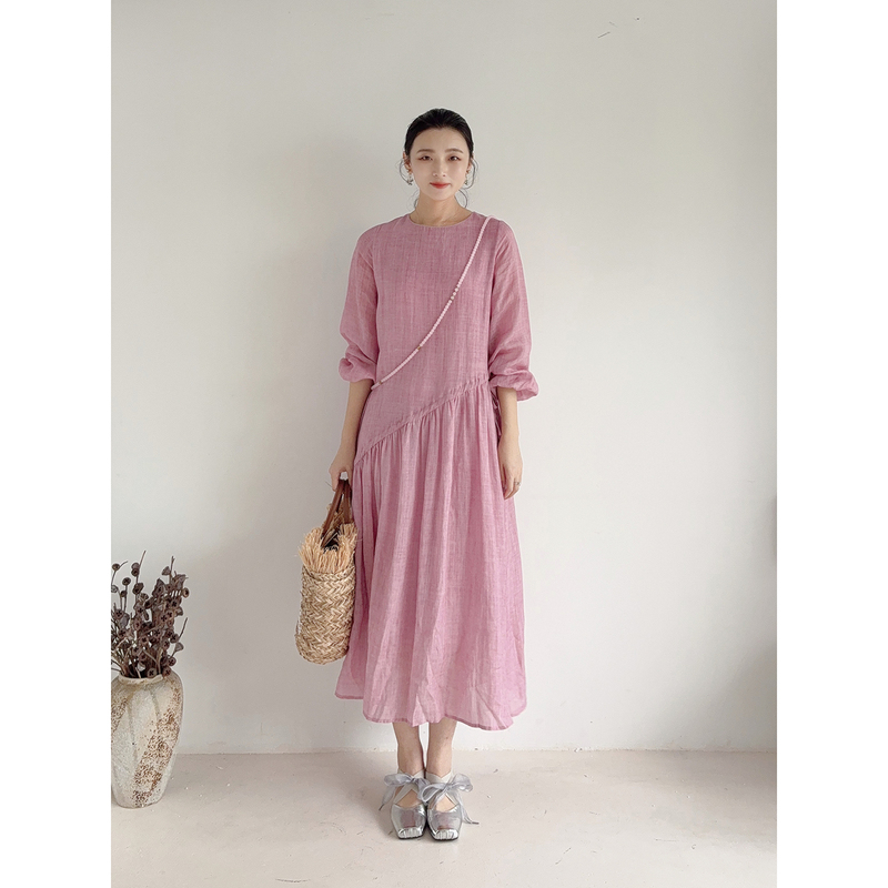 Li Cc·2026 Ramie Pink Dress, Tencel Flared Dress, Designer Sleeveless Slimming Long Dress for Women, Summer