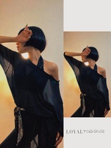 LOYAL Latin Dance Loose New Style Versatile Spandex Mesh Hidden Button Waist Black Top Feminine Sloping Shoulders 010