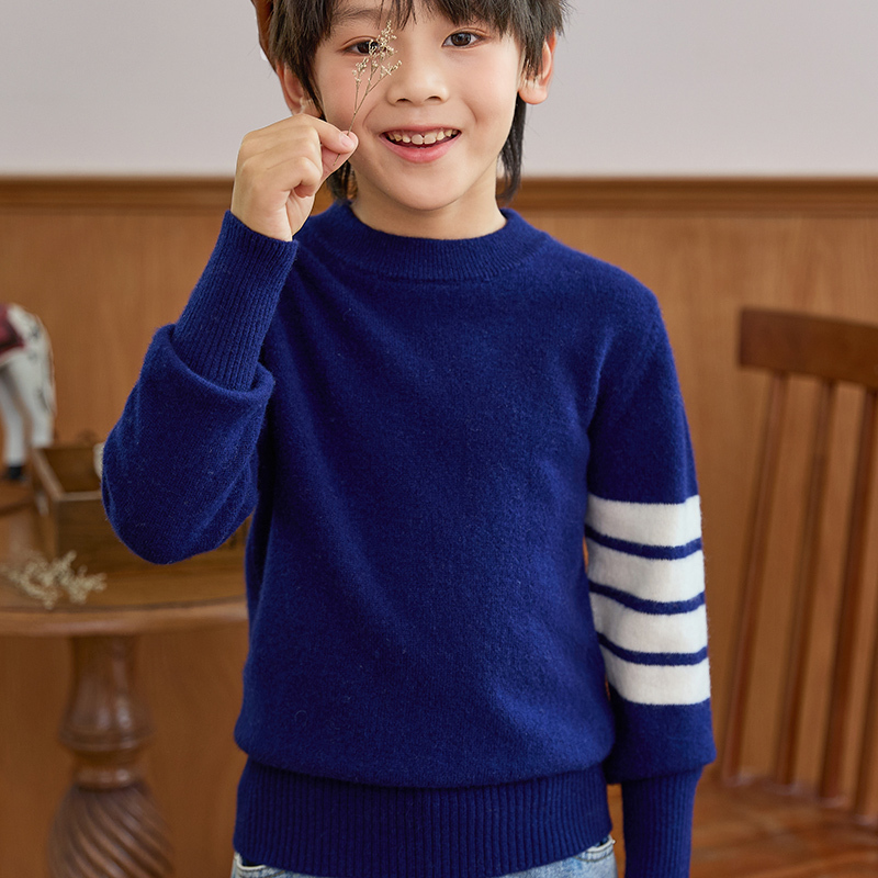 Autumn and Winter New Wool Sweater for Children, Round Neck Tb Academy Style Striped Pullover Sweater, Unisex Baby Cashmere Base Layer Sweater