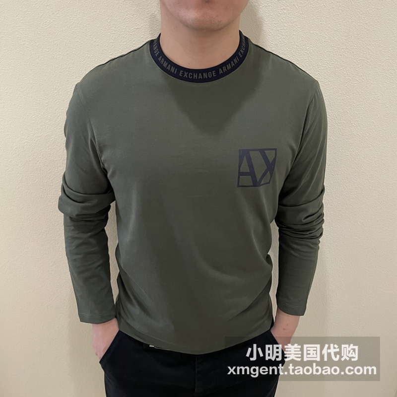 American Armani exchange Armani AX Men's Pure Cotton All-match Casual Crewneck Logo Long Sleeve T-Shirt