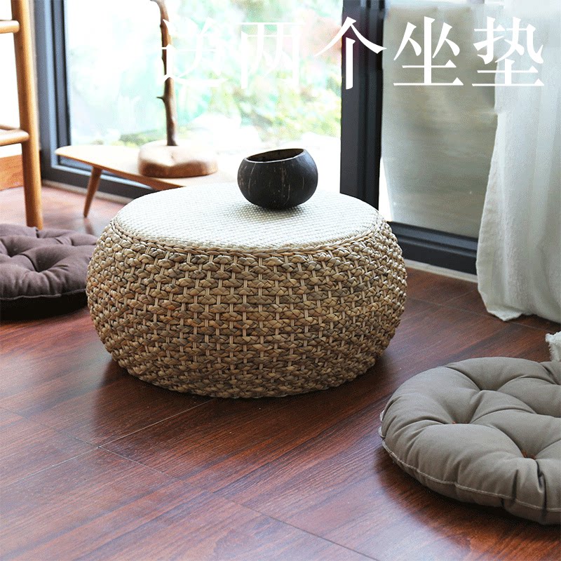 Straw rattan low table tatami coffee table small kang table Japanese balcony floor table solid wood low table round tatami table