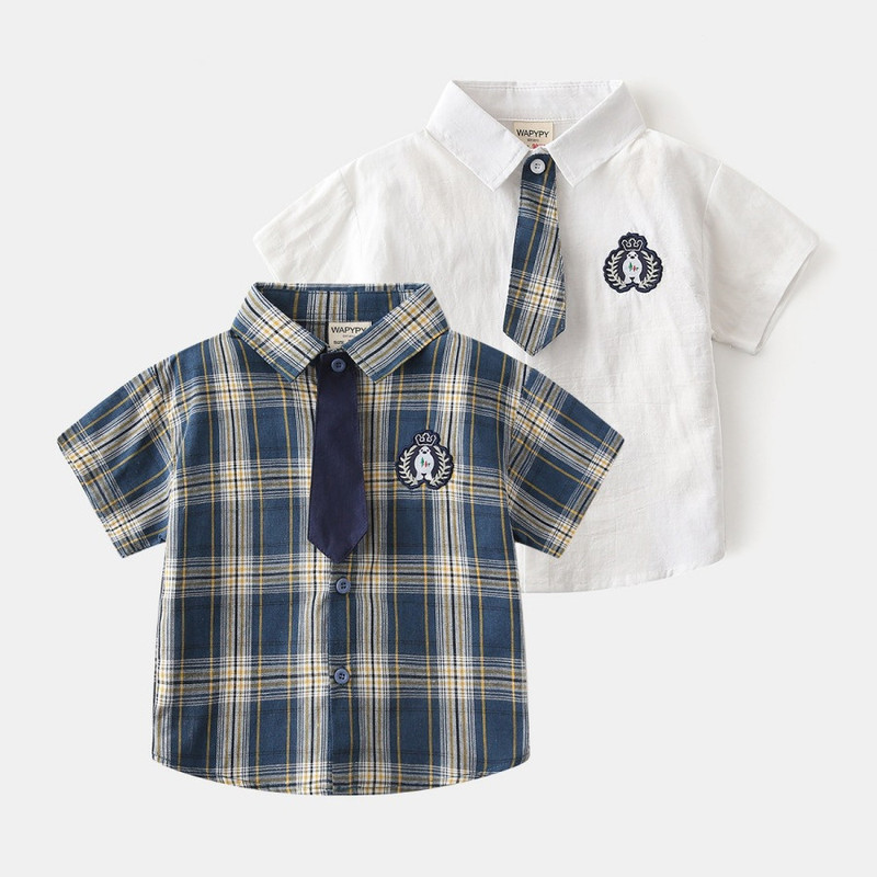 Boys' Short-Sleeved Shirt, Summer British Style, Handsome Tie, Plaid Baby Shirt, Kidsren's Preppy Casual Top, Trendy