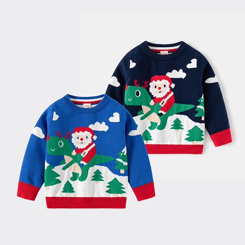 Children's Autumn and Winter Double-Layer Sweater Pullover for Boys, Trendy Cartoon Santa Claus Dinosaur Kids' Knit Top