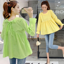 Maternity t-shirt Autumn long-sleeved fashion suit Korean version of maternity doll shirt short top shirt shirt two-piece set