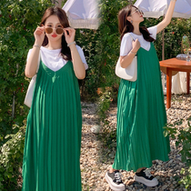Maternity dress summer suit Korean version of the tide mother out of the Western style loose belly cover long over-the-knee pleated sundress