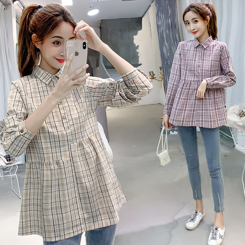 Maternity T-shirt Autumn Korean version long-sleeved plaid maternity doll shirt shirt short top fashion two-piece suit