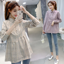 Pregnant t-shirt autumn Korean version Long sleeve plaid pregnant doll shirt shirt short top fashion two-piece suit