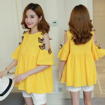 Maternity t-shirt summer suit fashion butterfly cotton linen short sleeve loose maternity short doll shirt top two-piece set