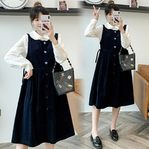 Pregnant womens dress autumn two-piece suit Korean version of loose tide hot mother age reduction early autumn coat long vest skirt