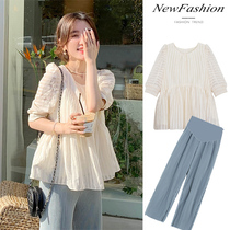 Pregnant t-shirt summer Korean version short-sleeved tide mother age-reducing doll shirt Chiffon shirt short top fashion two-piece set