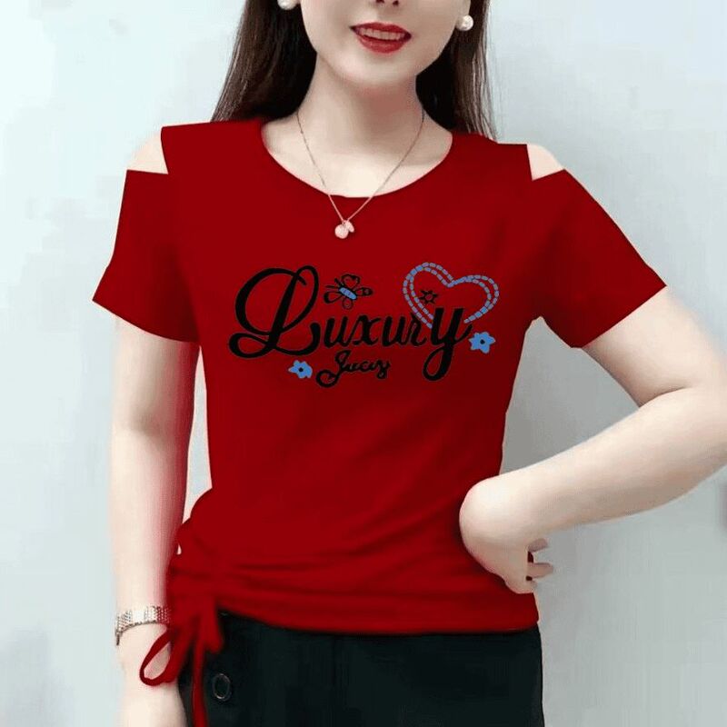 2026 Summer New Round Neck Elegant Short Sleeve T-Shirt Women's Tie-Up Stylish Versatile Slim Fit Top Trendy 2026 Summer New Round Neck Elegant Short Sleeve T-Shirt Women's Tie-Up Stylish Versatile Slim Fit Top Trendy