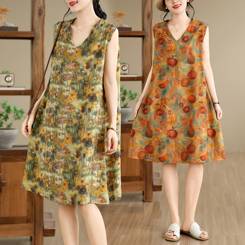 Middle-Aged Mother's Cotton and Linen Vest Dress, Summer Retro Large Size Loose Belly-Covering Sleeveless Dress, Women's A-Line Skirt Middle-Aged Mother's Cotton and Linen Vest Dress, Summer Retro Large Size Loose Belly-Covering Sleeveless Dress, Women's A-Line Skirt
