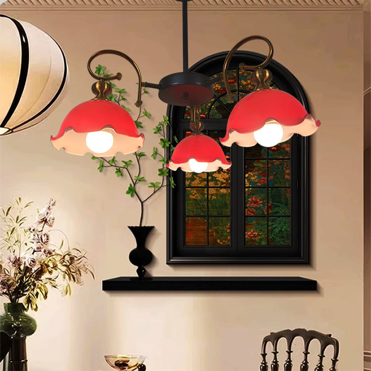 French Retro Chandelier, Wrought Iron Red Glass Lampshade, Creative Restaurant Bar Counter, Cafe, Bedroom, Bar Lighting