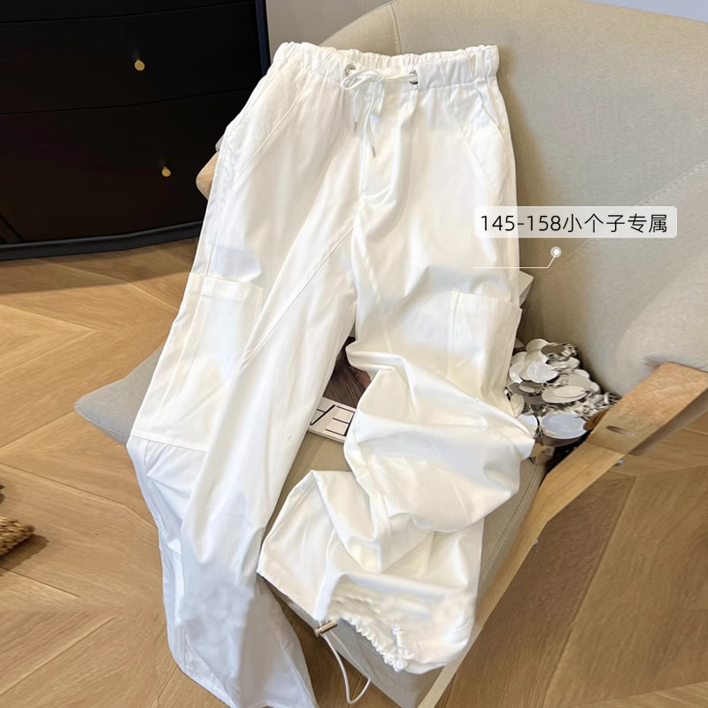 150cm Petite White Casual Straight-Leg Cargo Pants for Women, Summer Thin High-Waisted Wide-Leg Jogger Drawstring Parachute Pants XXS