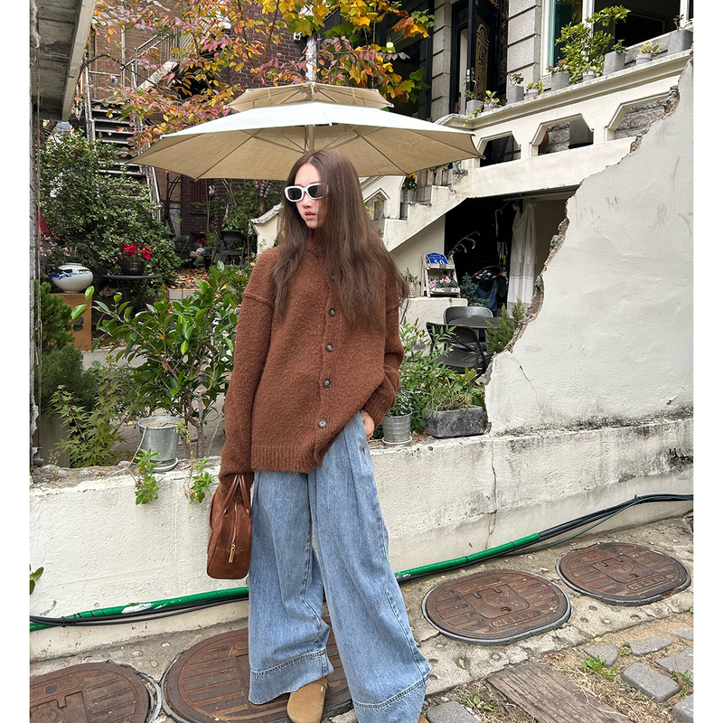 【Limited Time Offer 50% off】Avocadong Dark Brown Small Stand Collar Sweater Cardigan Autumn Winter Knitted Jacket