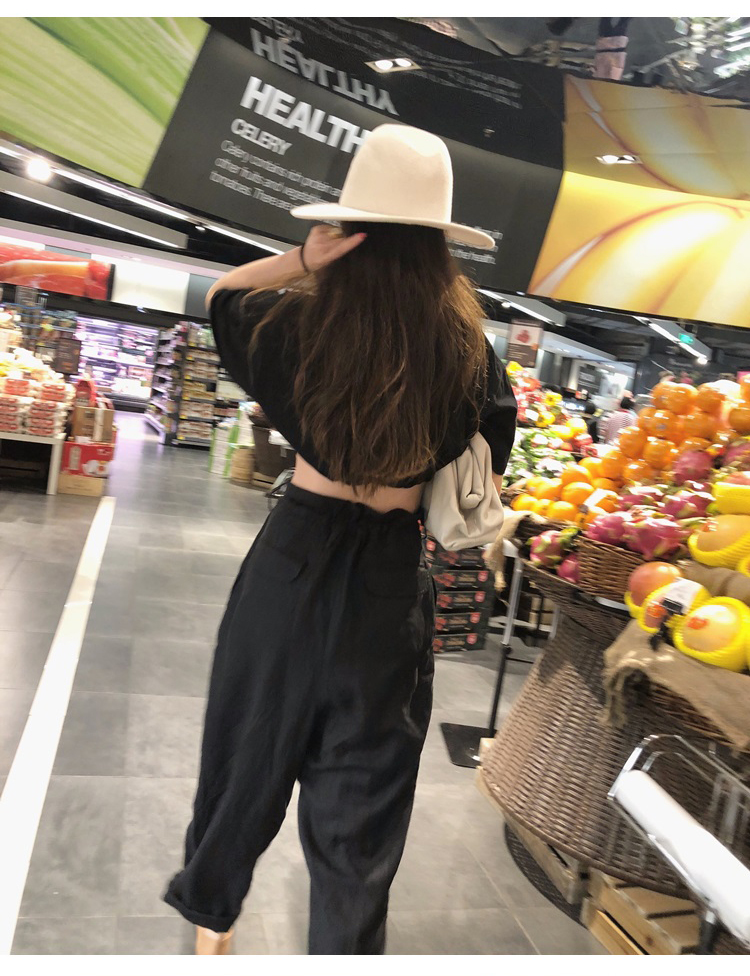 Avocadong_ quần thun lưng nữ cao eo lỏng lẻo quần đen mùa hè phần mỏng chân rộng quần giản dị - Khởi động cắt quần ống rộng nữ đẹp