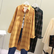 Spring and Autumn Literary Vintage Cotton Plaid Shirt Womens Loose Leisure Medium Long Shirt Bottom Size Cardigan Jacket