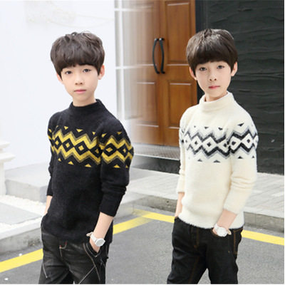 Boys' sweater pullover 2019 new style plus velvet in big children's children's mink velvet thick children's half-high collar autumn and winter models