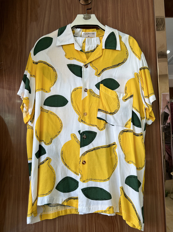 Summer Hawaiian Retro Floral Shirts for Men and Women, Hainan Beach Clothes, Couple Island Clothes Set, Lemon Pattern Summer Hawaiian Retro Floral Shirts for Men and Women, Hainan Beach Clothes, Couple Island Clothes Set, Lemon Pattern