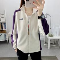 Spring polar fleece jacket hiking mountaineering jacket womens off-white color matching thickened autumn and winter warm fleece pants suit