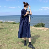 Летняя одежда для беременных, летнее платье, длинная юбка, рубашка, на шнурках, короткий рукав, средней длины