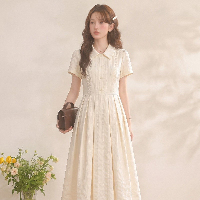 Miaomo【White Love Song】Summer White Preppy Style Short-Sleeved Dress for Women, Suitable for Interviews and Commuting, Waist-Cinching Shirt Dress