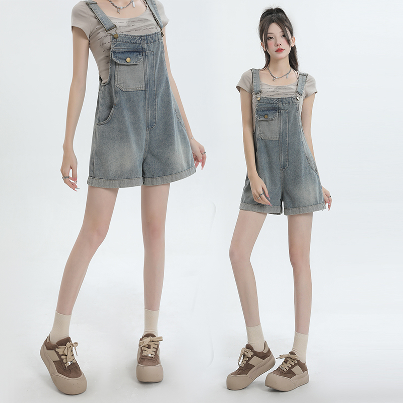 Women's Denim Overalls, Summer Thin Style, 2026 New Korean Version, Retro, Petite, Slimming, Loose Wide-Leg Shorts, Trendy Women's Denim Overalls, Summer Thin Style, 2026 New Korean Version, Retro, Petite, Slimming, Loose Wide-Leg Shorts, Trendy