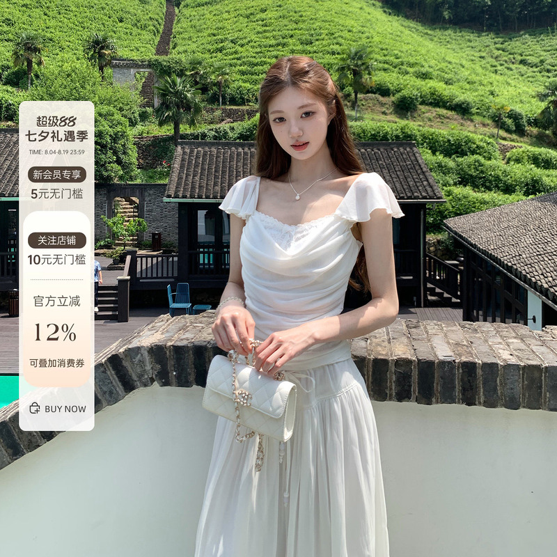 Tailormom【Pure White Jasmine】Pure and Alluring Style, Lace Blouse with Ruffled Neckline, Mesh Pleated Waist-Cinching Short Top